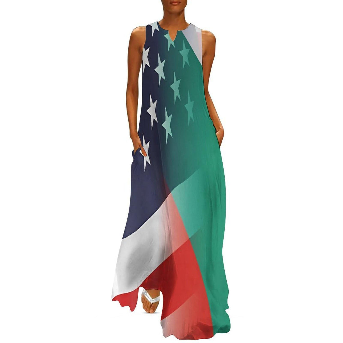 Robe longue maxi de cocktail ample et unie, sans manches, à col en V, avec poches, ornée des drapeaux de la Bulgarie et des États-Unis.