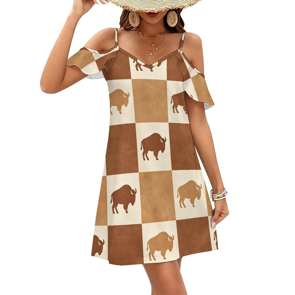 Robe bandoulière à épaules dénudées Biston Chesboard pour femme, manches à volants, coupe ample, mini-robe d'été décontractée
