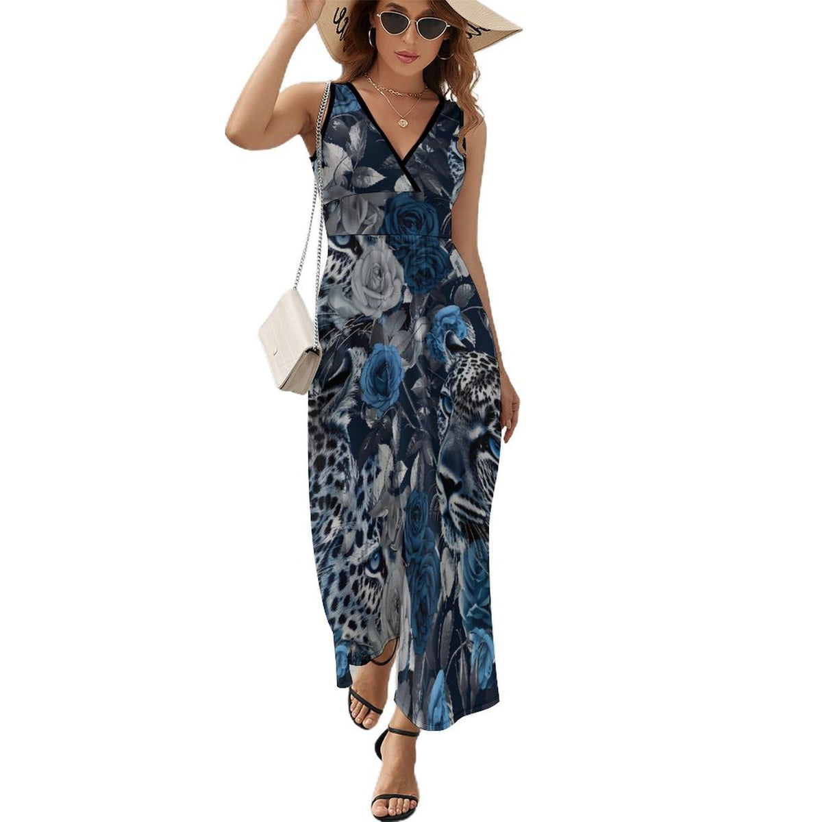 Robe longue sans manches à imprimé léopard et roses aux yeux bleus, col en V, style décontracté.
